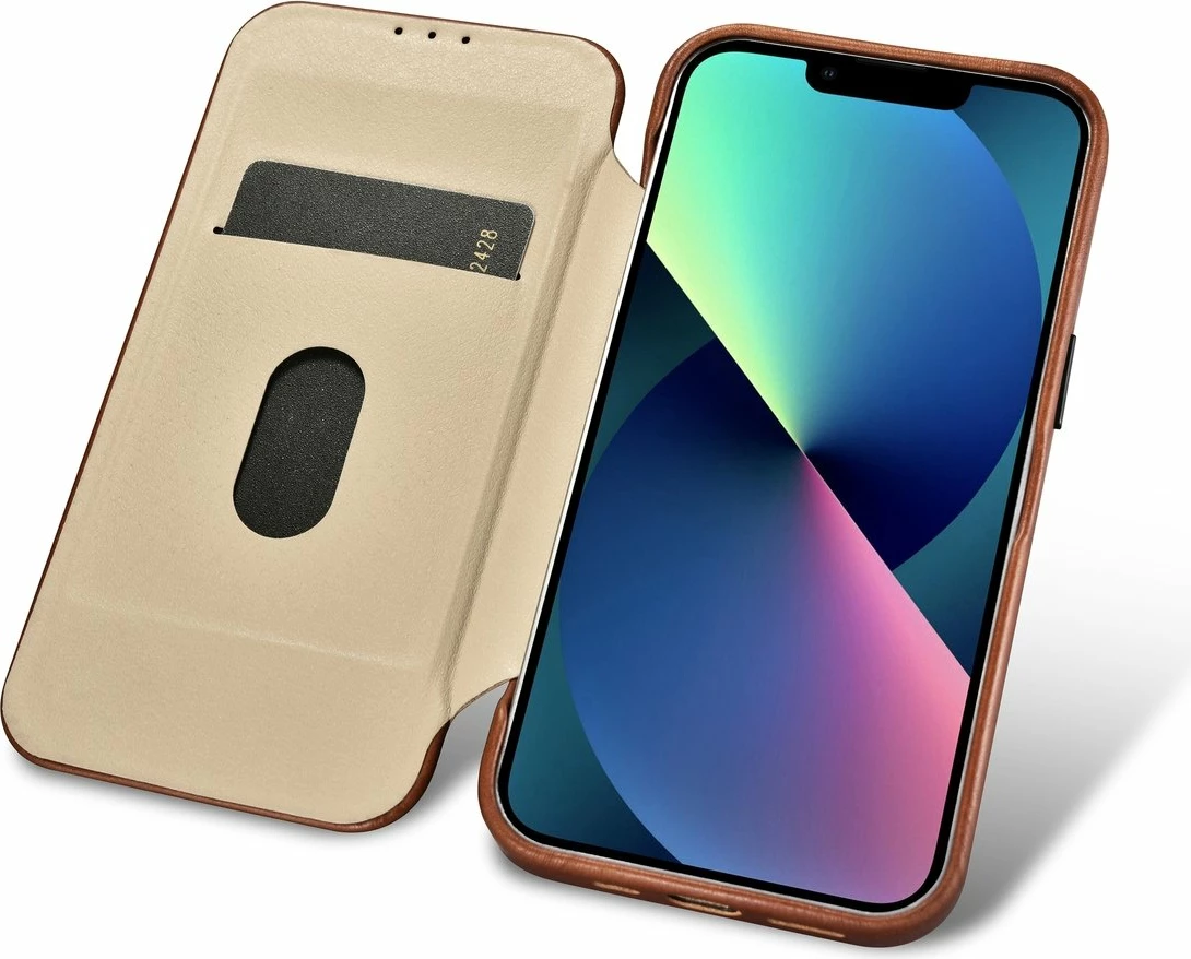 Mbështjellës iCarer Oil Wax Premium Leather Folio për iPhone 14 Plus, MagSafe, kafe