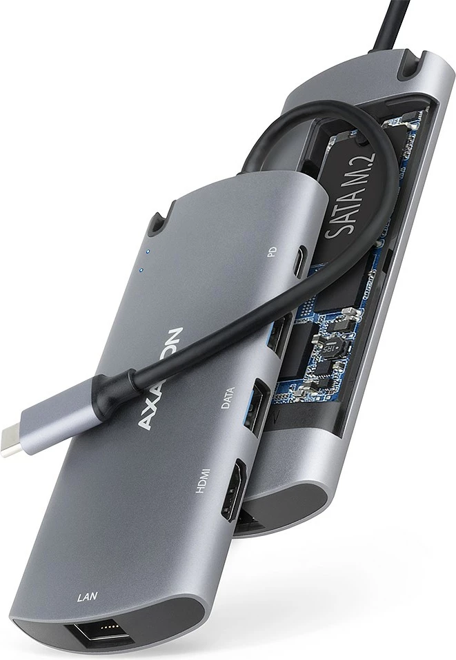Kasë AXAGON HMC-6M2, multiport USB-C 3.2 Gen 1 hub, slot M.2 SATA, HDMI, GLAN, 2x USB-A, PD 100W, Gri