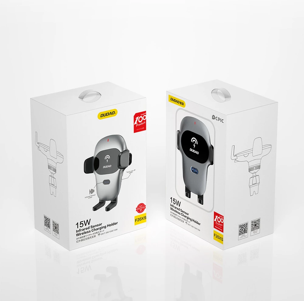 Mbajtës automatik për celular Dudao F20xs me karikues wireless 15W, Gri