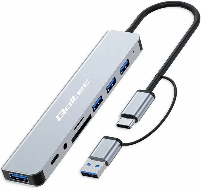 Hub USB-C/USB Qoltec 53794 8-në-1, 4x USB-A 2.0/3.0, USB-C, SD/TF, 3.5mm, 5 Gbps, gri grafit