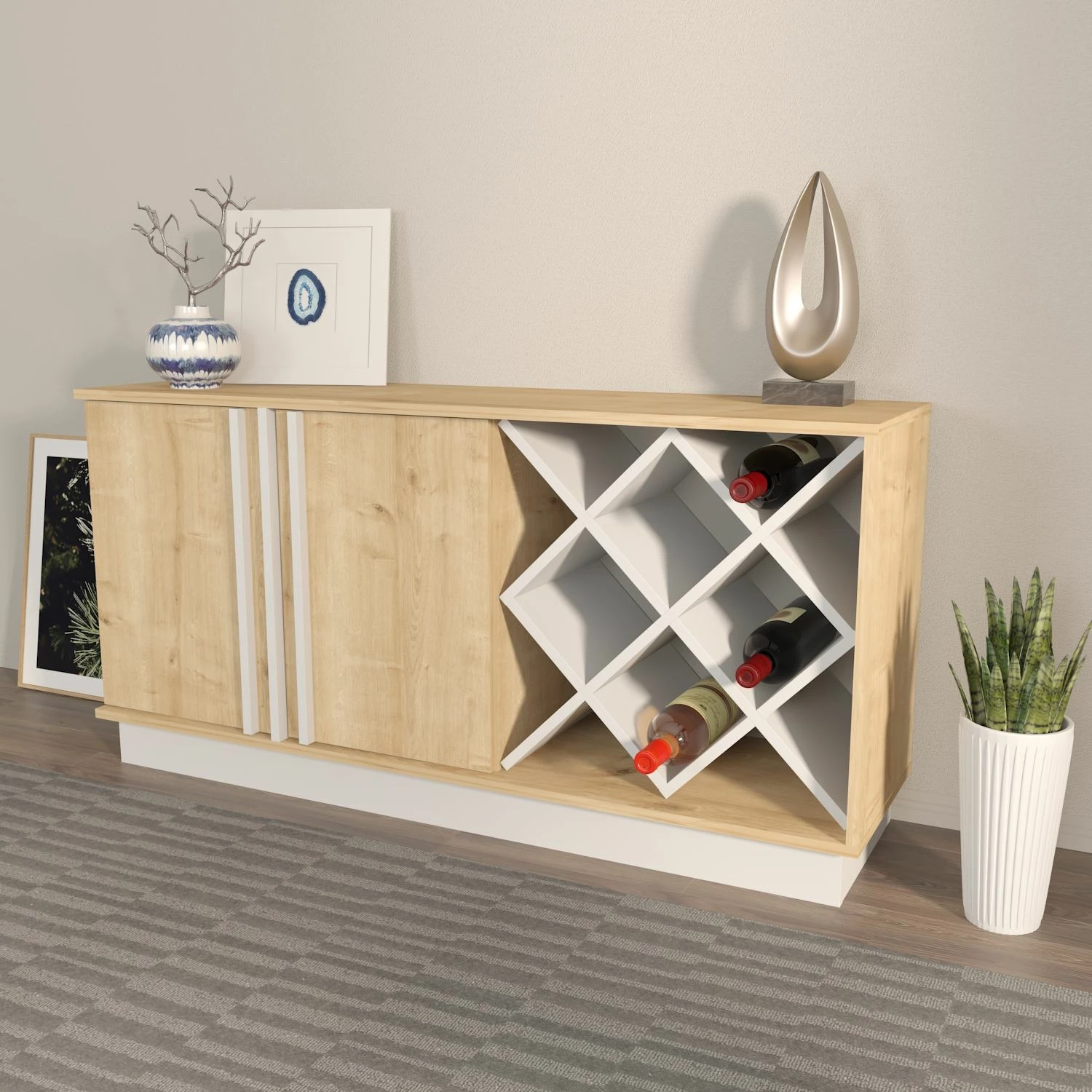 Komodë anësore Skye Decor, ngjyrë lisi Sapphire, e bardhë