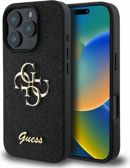 Mbështjellës Guess Fixed Glitter Big 4G për iPhone 16 Pro, i zi