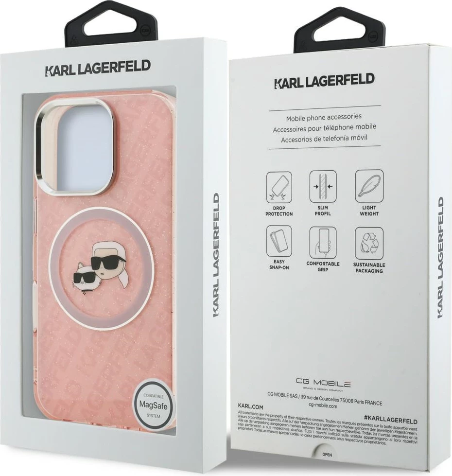 Mbështjellës Karl Lagerfeld IML Glitter Karl & Choupette Heads Logo MagSafe për iPhone 16 Pro, pink
