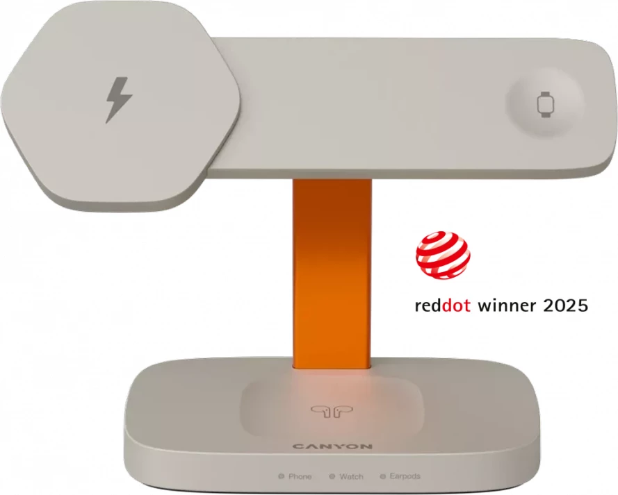 Stacion karikimi wireless CANYON Hexagon WCS-310 3n1 15W, adaptor PD 20W, USB-C, gri e çelët/portokalli