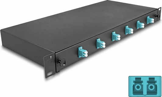 Kuti splice për fibër optike DeLOCK 19″ 1U, 6x LC Duplex OM3, metal, e zezë