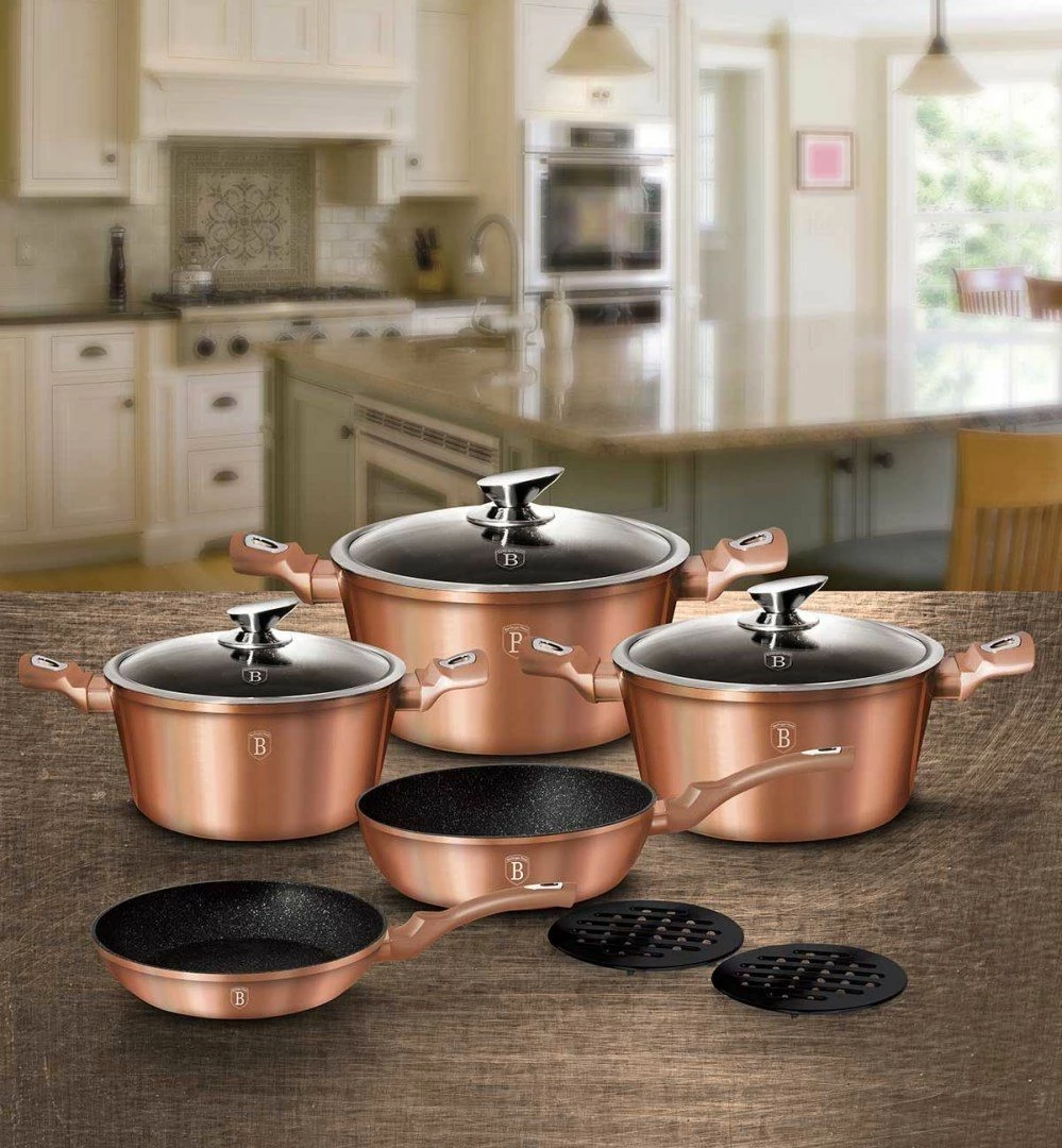 Set tenxheresh dhe tiganësh Berlinger Haus BH-6161, veshje graniti, për induksion, 17 copë, rose gold