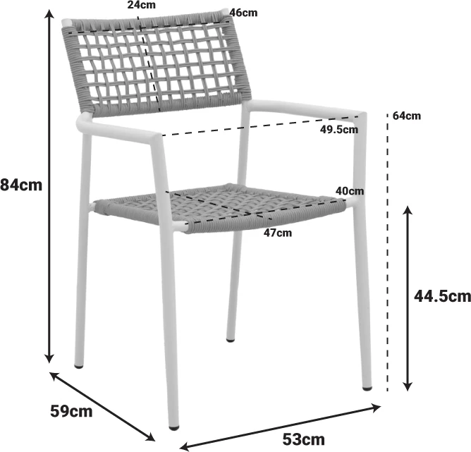Karrige me krahë Castal, çelik i zi, litar natyral, 53x59x84cm