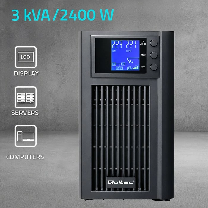 UPS me valë sinusoide të pastër, Qoltec 52642, 3kVA 2400W, AVR, LCD, line-interactive, 6x7Ah, 2x Schuko, USB/RS-232, e zezë