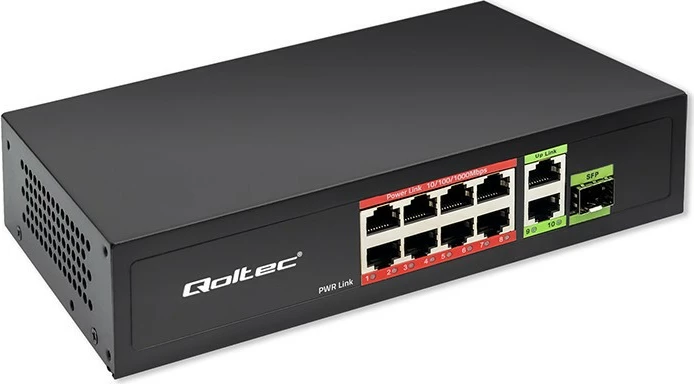 Switch rrjeti Qoltec 52297, 8x RJ45 PoE, 2x RJ45 Uplink, 1x SFP, 120W, 1000Mb/s, i zi