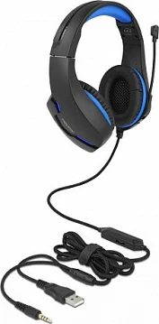 Kufje gaming DeLOCK, 3.5mm + USB, LED blu, me mikrofon, të zeza/blu