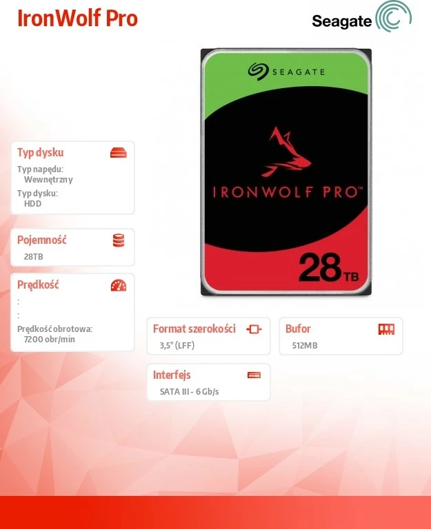 Disk i brendshëm HDD, Seagate IronWolf Pro ST28000NT000, 28TB, 3.5", SATA III 6 Gb/s, 7200 RPM, buffer 512MB