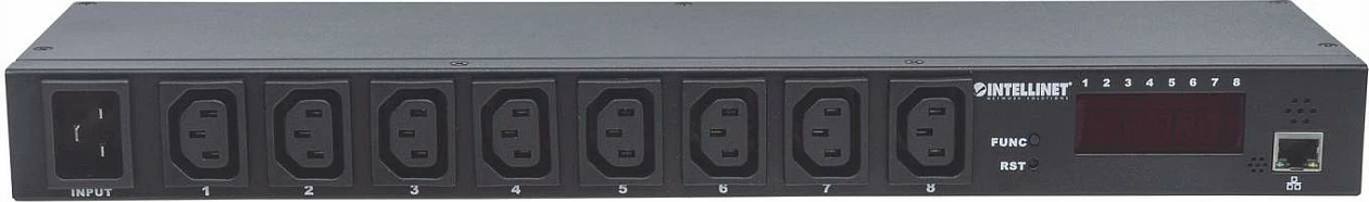 PDU inteligjente Intellinet 19" 8-Port, Rackmount 1U, 8x C13, hyrje C20, monitorim rryme/temperature/lagështi, e zezë