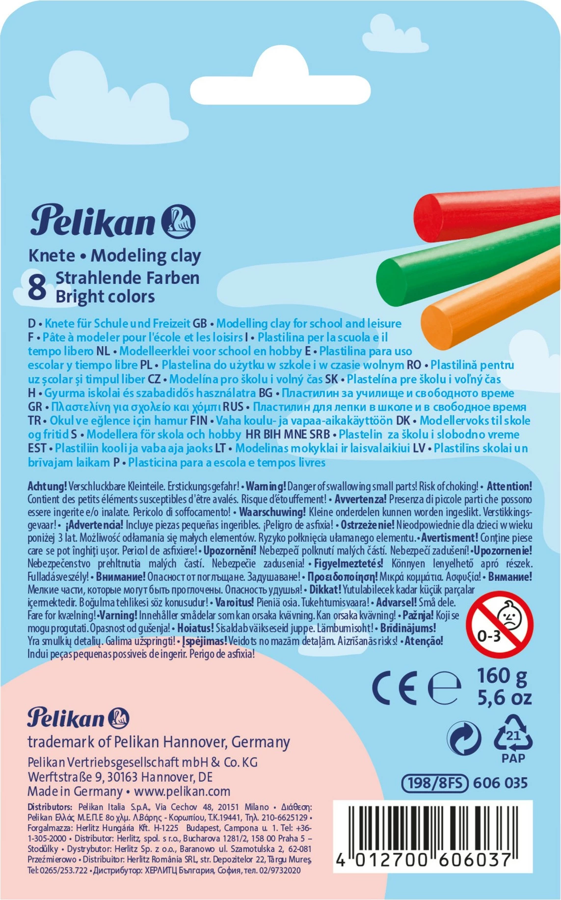 Plastelinë Pelikan 606035, 8 copa, ngjyra të përziera, 160g