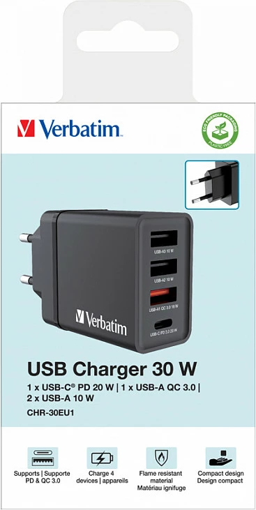 Karikues muri Verbatim 49700, 30W, USB-C PD 20W + 3x USB-A, prizë EU, i zi