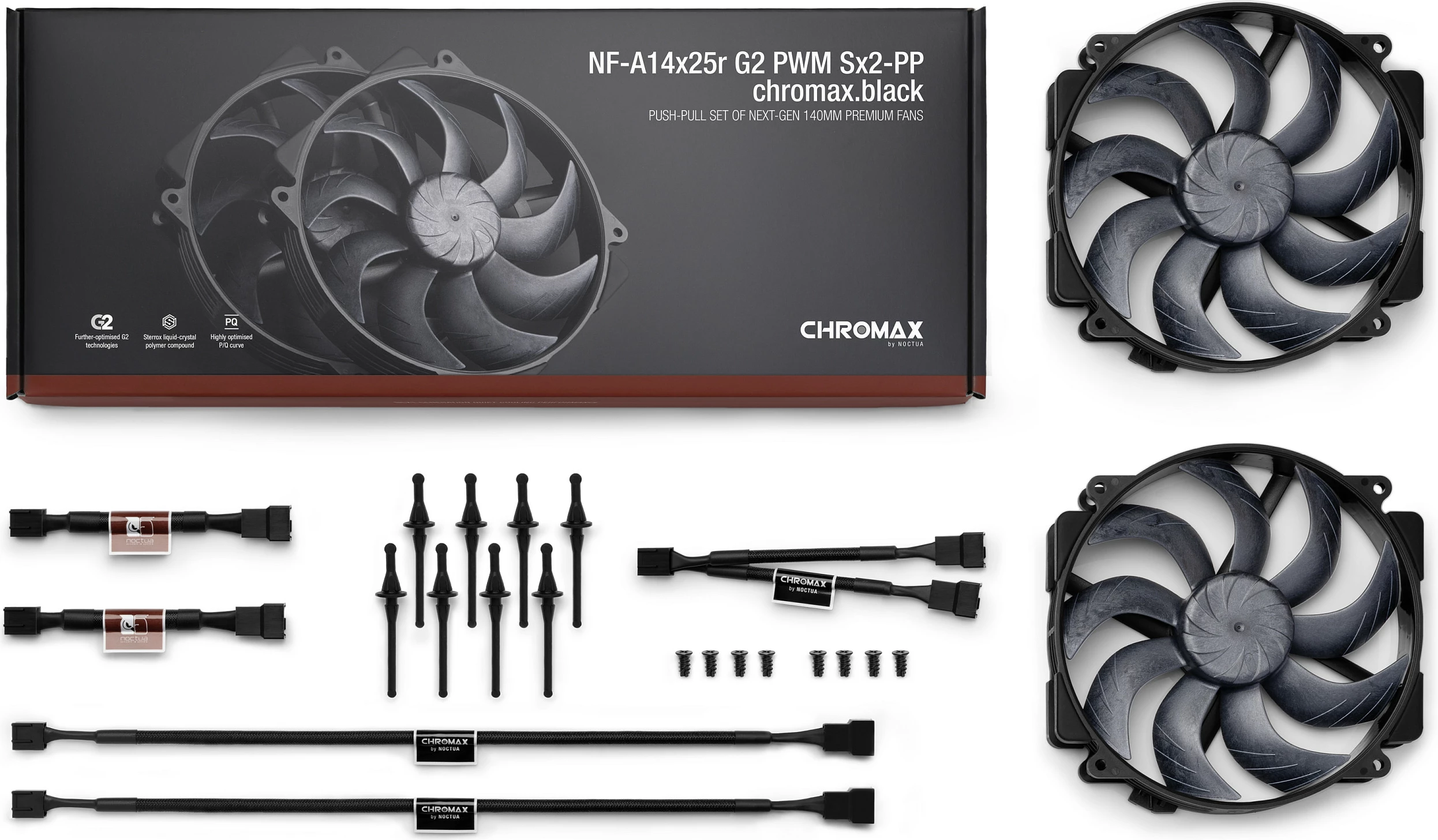 Ventilatorë për kasë Noctua NF-A14x25r G2 PWM Sx2-PP, 2x 140mm, chromax.black, i zi