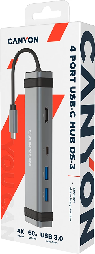 Hub USB-C CANYON DS-3 4n1 me HDMI, 2x USB 3.0, USB-C PD, Space Gray