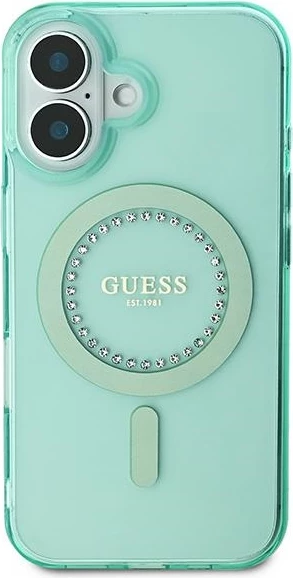 Mbështjellës Guess MagSafe për iPhone 16 Plus, i gjelbër, me rhinestones