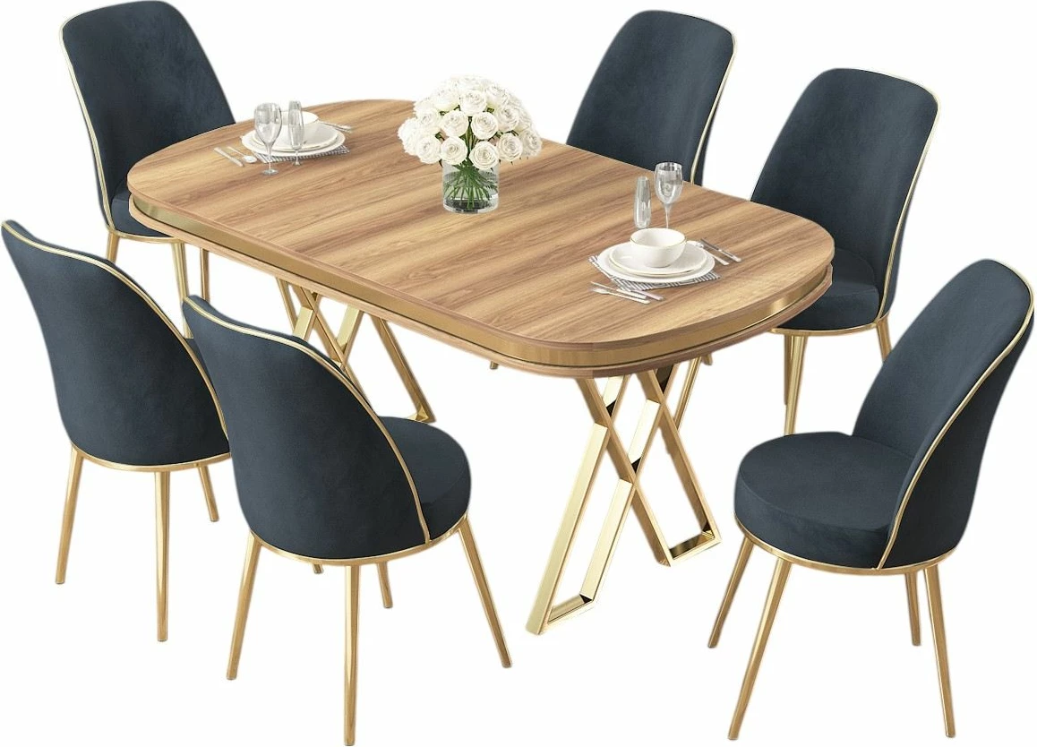 Set tavoline me karrige për ngrënie (7 copë), Skye Decor, ngjyrë arrë e çelët, ari, antracit