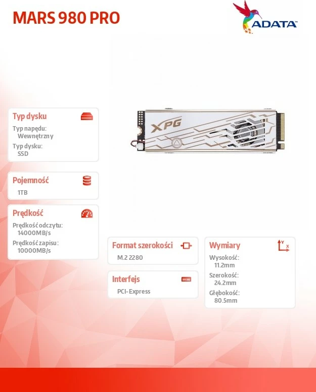 SSD Adata XPG MARS 980 PRO, 1TB, M.2 2280, PCIe 5x4