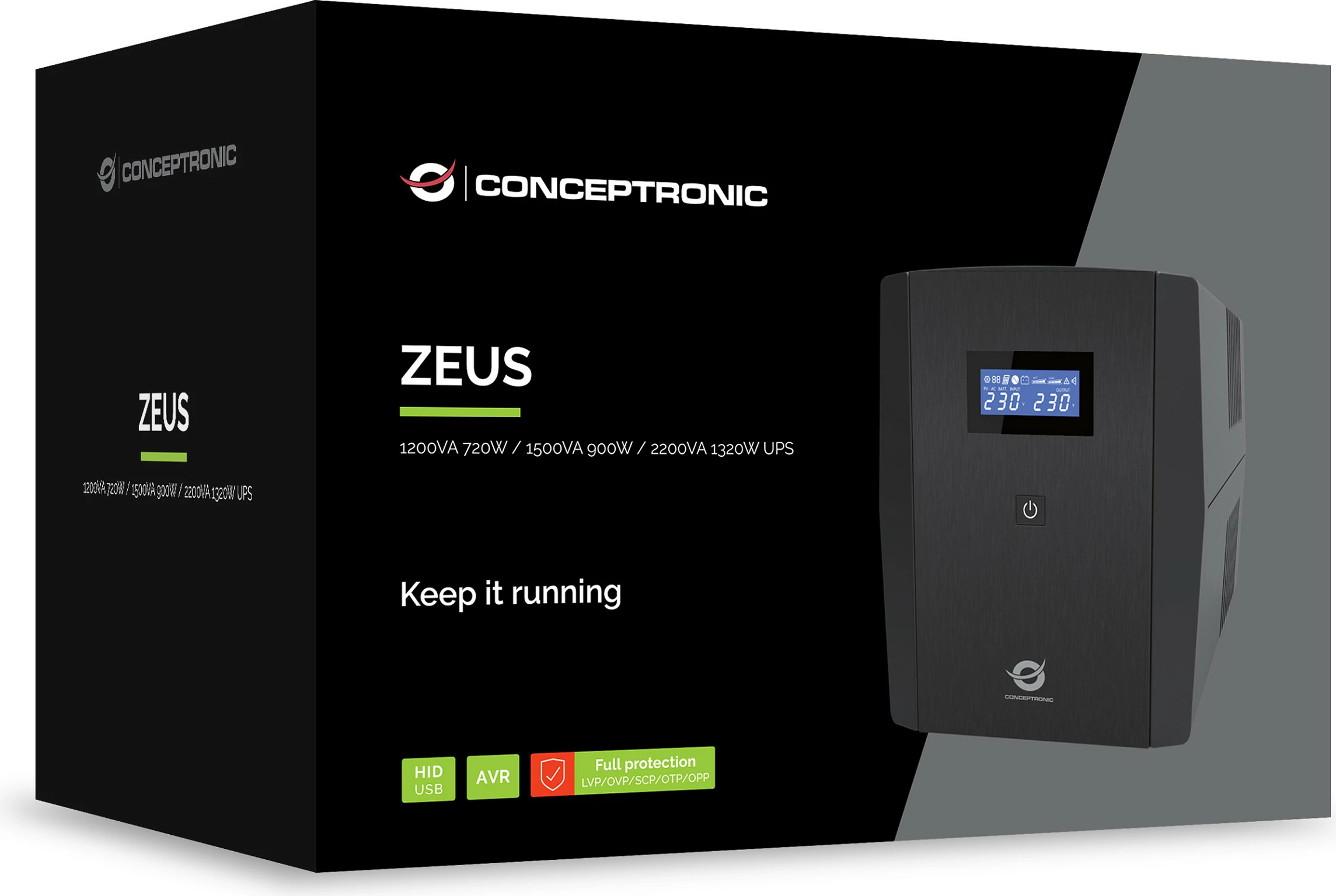 UPS Conceptronic ZEUS03G, 1200VA/720W, 4x prizë UK (Type G), AVR, LCD, USB, RJ45, e zezë