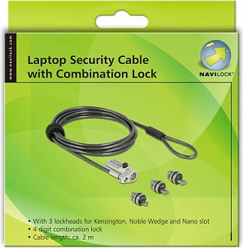 Kabllo sigurie për laptop DeLOCK, kyç me kombinim, 2 m, 3 adaptera (Kensington/Noble Wedge/Nano), e zezë/argjendtë