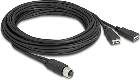Kabllo DeLOCK 60652, M12 në 2x USB-A, Female/Female, 5 m, e zezë