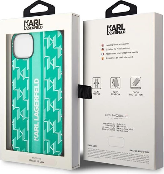 Mbështjellës Karl Lagerfeld KLHCP14SPGKLSKN për iPhone 14 6.1", hardcase, Monogram Stripe, Gjelbër