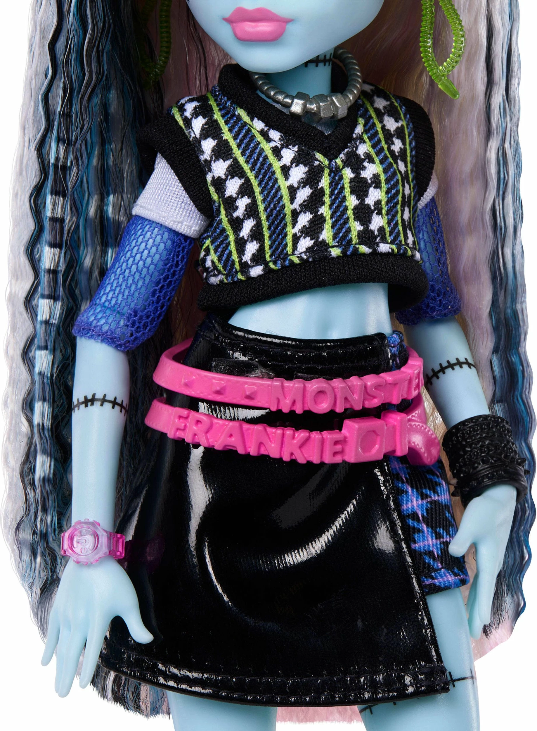 Kukull Mattel Monster High Frankie Stein JHK31, 28.5 cm, me qenush Cotoś dhe aksesorë, shumëngjyrëshe