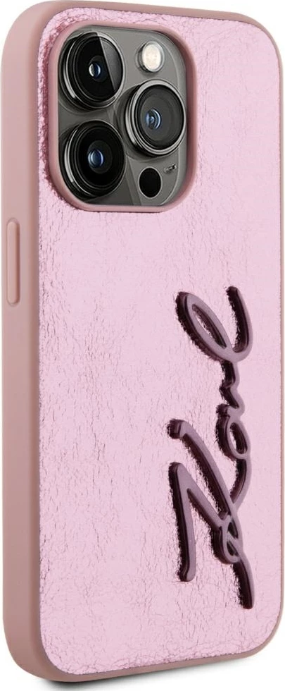 Mbështjellës Karl Lagerfeld Wrinkled Metal Signature për iPhone 15 Pro, Rozë