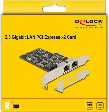 Kartelë rrjeti DeLOCK PCIe x2, 2x RJ45 2.5GbE, Intel I225-V, Low-Profile, çelik inox