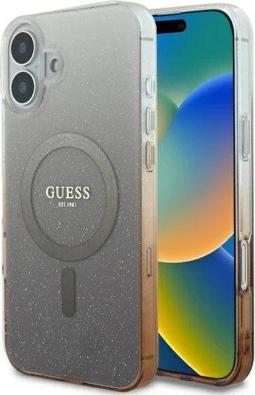 Mbështjellës Guess IML Glitter Gradient MagSafe për iPhone 16 Plus, Kafe