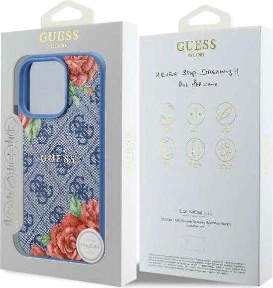 Mbështjellës Guess 4G Flowers Print MagSafe për iPhone 16 Pro, Kaltër