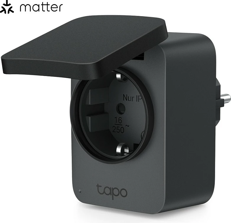 Prizë smart TP-Link Tapo P410M, outdoor, Wi‑Fi, Matter, IP54, 16A, e zezë