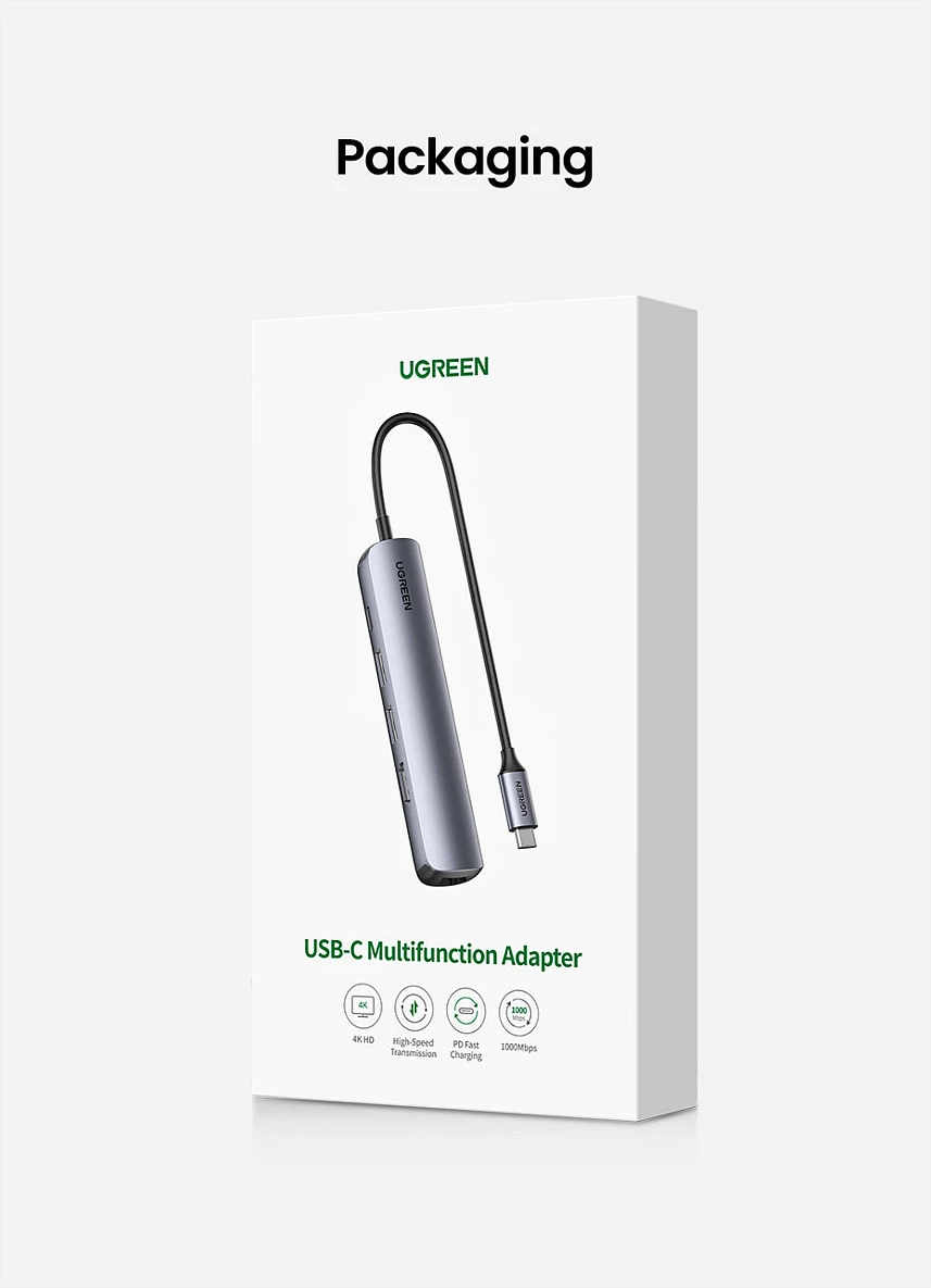 Hub USB-C Ugreen 5-në-1, HDMI, 3x USB-A, Ethernet, gri