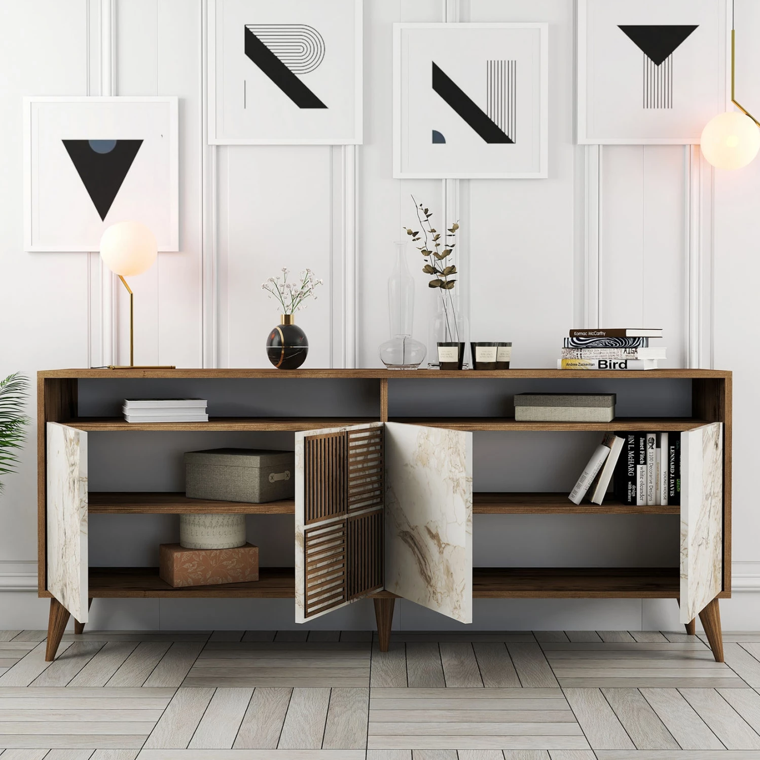 Kompozim dhome ndeje, FH11845.03, 3 pjesë, ngjyrë arre dhe mermer i bardhë