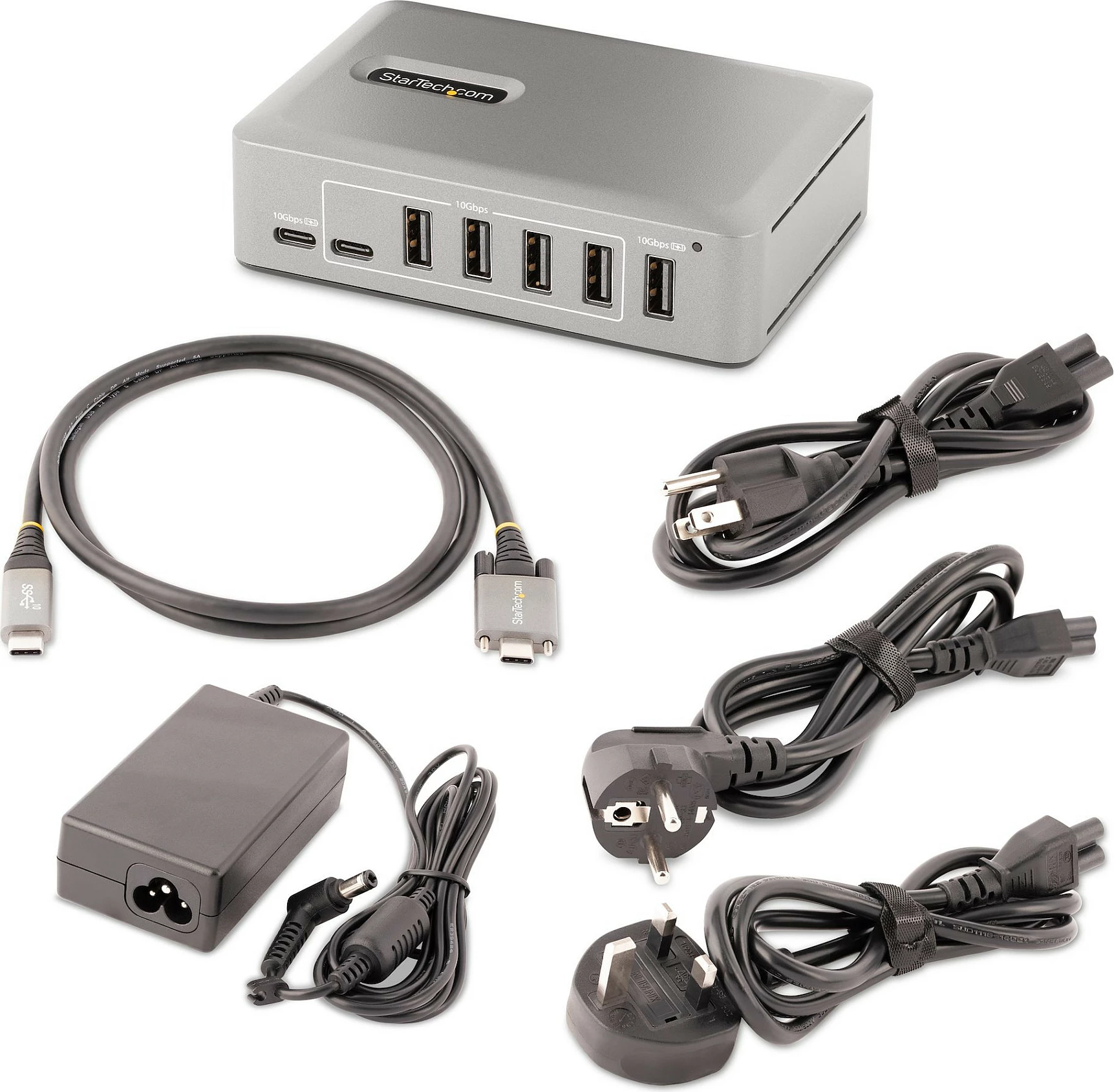 USB-C hub StarTech 10-Port, 8x USB-A + 2x USB-C, USB 3.2 Gen 2 10Gbps, me adapter 65W, gri