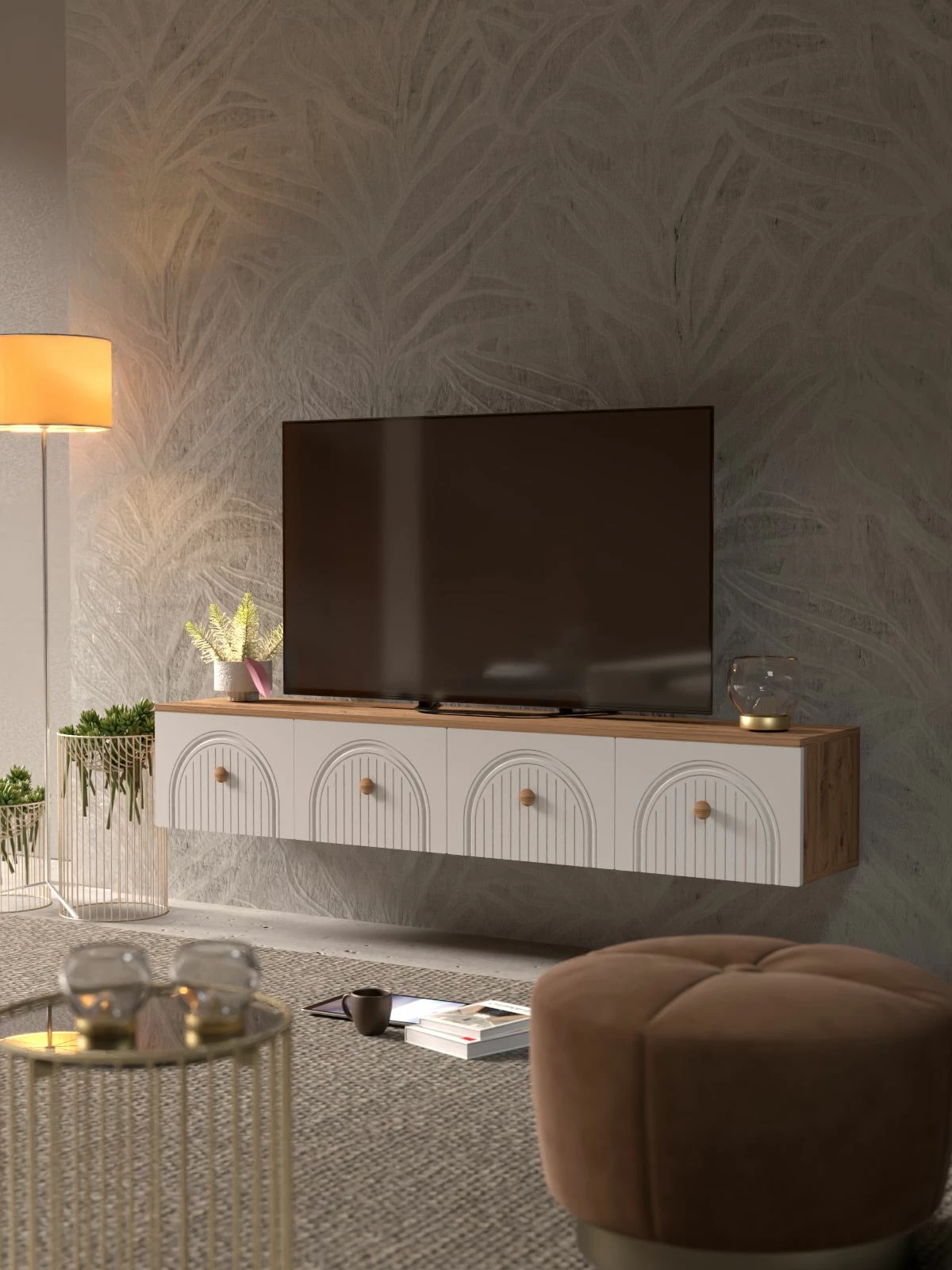 Komodë televizori Skye Decor, Lunera 180, ngjyrë pishë Atlantike dhe e bardhë