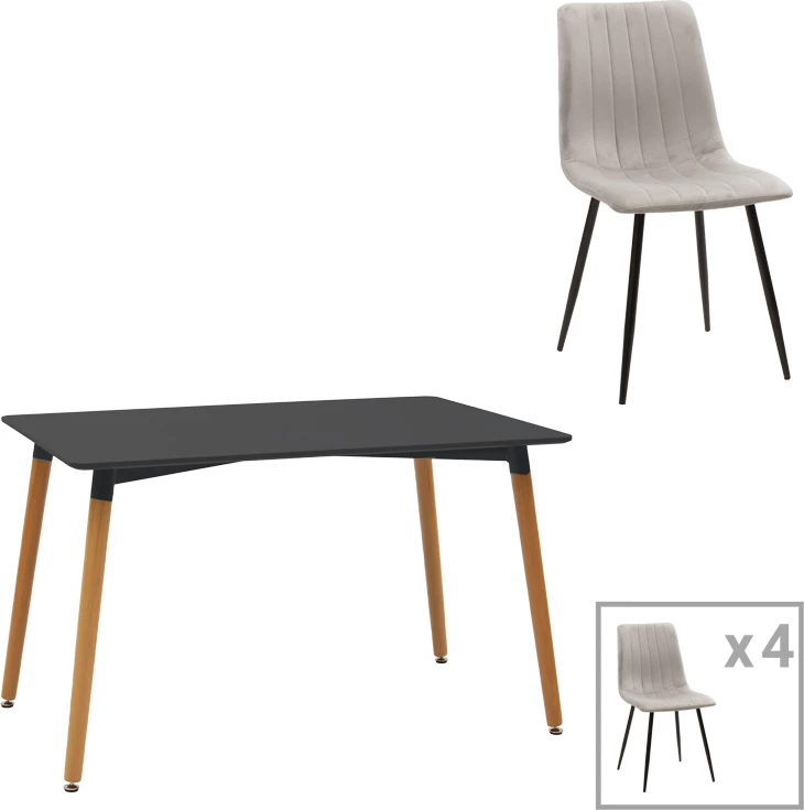 Tavolinë me karrige Natali-Noor, set 3 copë, MDF i zi, këmbë natyrale, 120x80x76cm