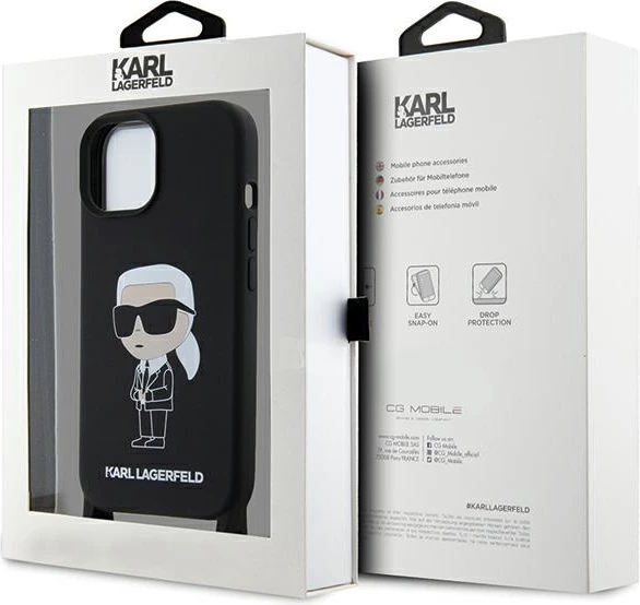 Mbështjellës Karl Lagerfeld Crossbody Silicone Ikonik për iPhone 15 6.1", i zi, me rrip