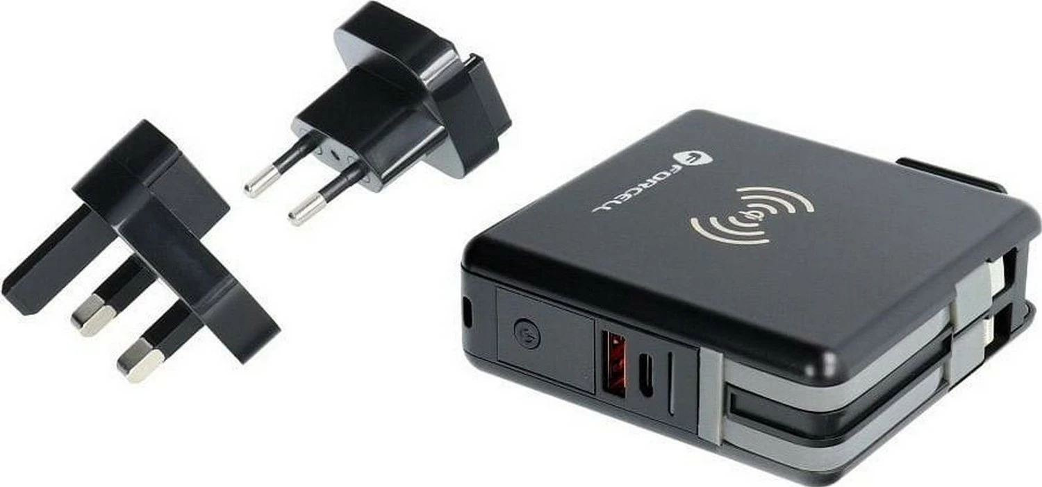 Karikues multifunksional Forcell F-ENERGY 5në1, 10000mAh, 20W PD, wireless 15W, me kabllo Type-C/Lightning, e zezë