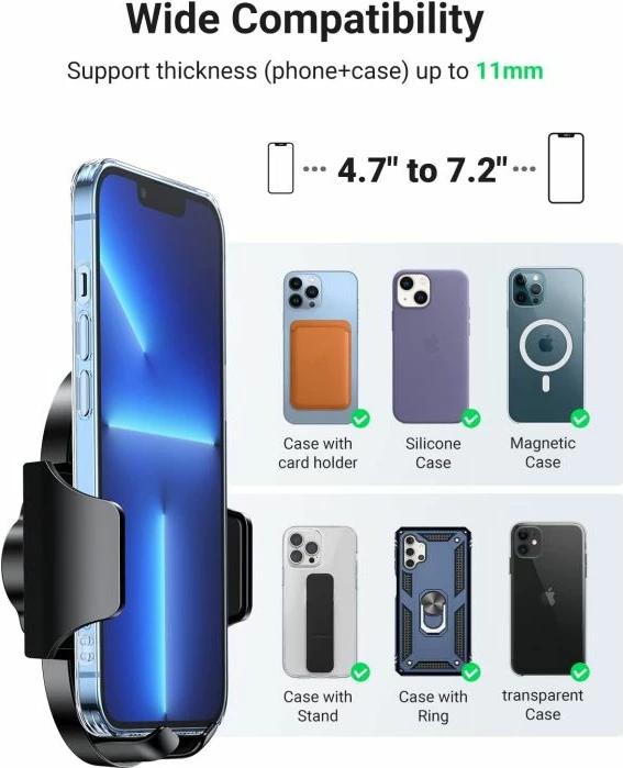 Mbajtëse telefoni UGREEN 20473, suction cup për kroskot, 360° rrotullim, krah 220°, për 4.7-7.2 inç, e zezë
