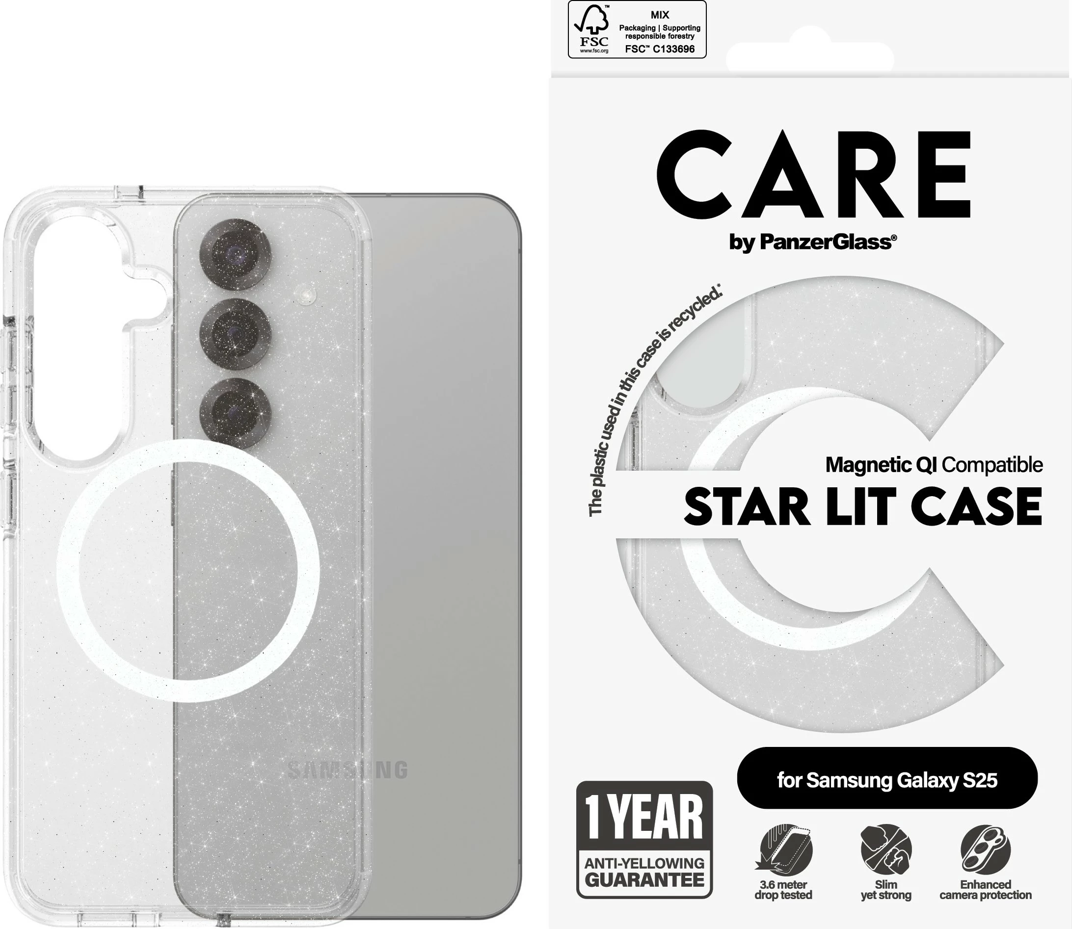Mbështjellës PanzerGlass CARE Flagship Star Lit, për Samsung Galaxy S25, transparent, QI compatible