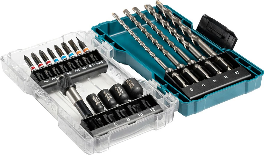 Set burgjish dhe bitash SDS Plus Makita, 18 copë, me kuti, jeshile/transparent