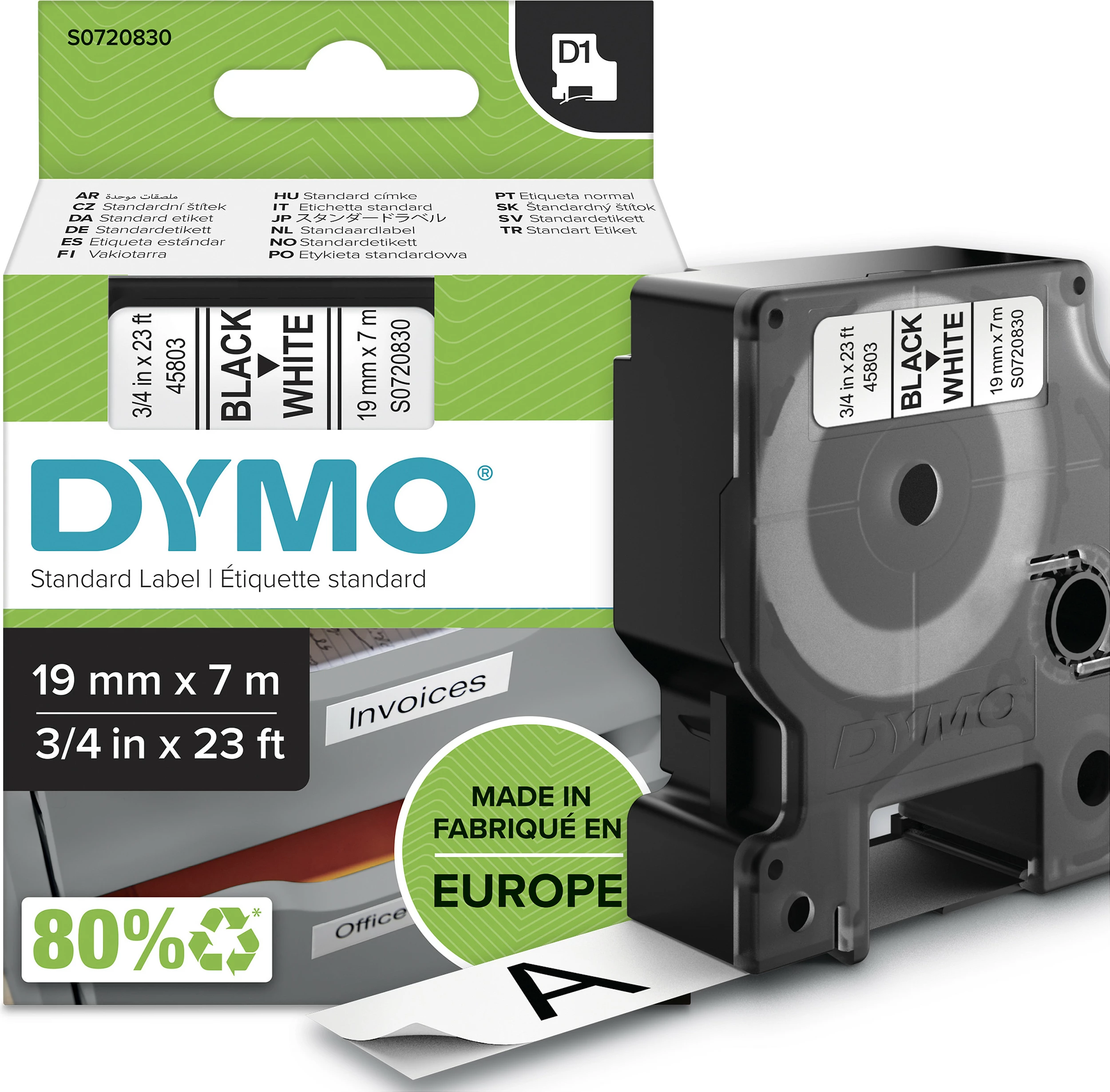 Shirit etiketash DYMO D1 Standard 19mm x 7m, zi në të bardhë