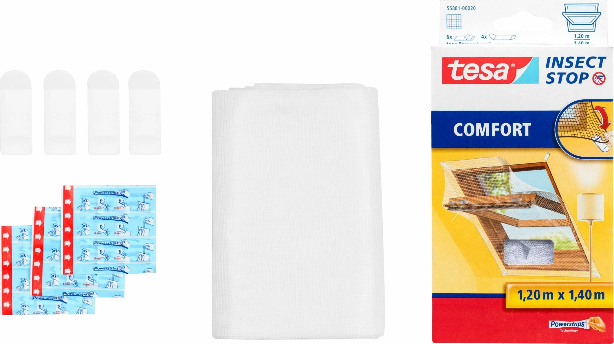 Rrjetë kundër mushkonjave Tesa Comfort për dritare kulmi 1.20 x 1.40 m, e bardhë, set me Powerstrips dhe grepa (55881-00020-00)