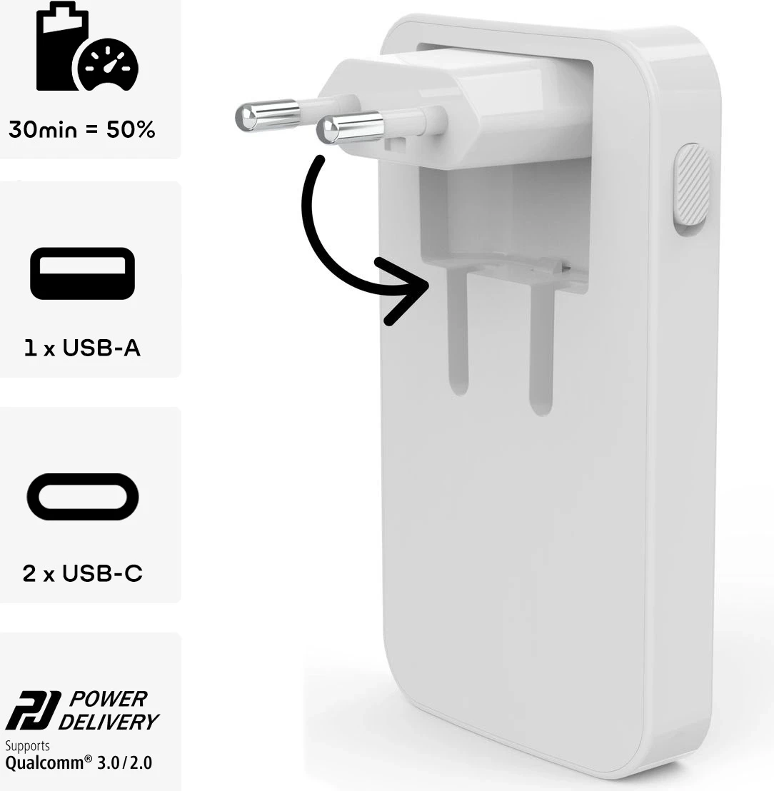 Karikues muri Hama GaN 65W, 2x USB-C, 1x USB-A, i bardhë, palosës