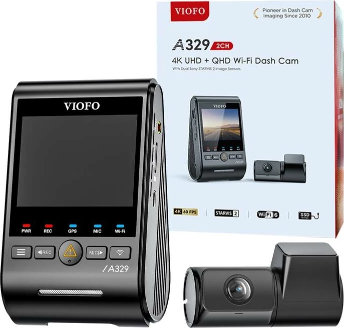 Video regjistrues për veturë Viofo A329 2CH, 4K 60FPS + 2K, WiFi, GPS, i zi, set me dy kamera