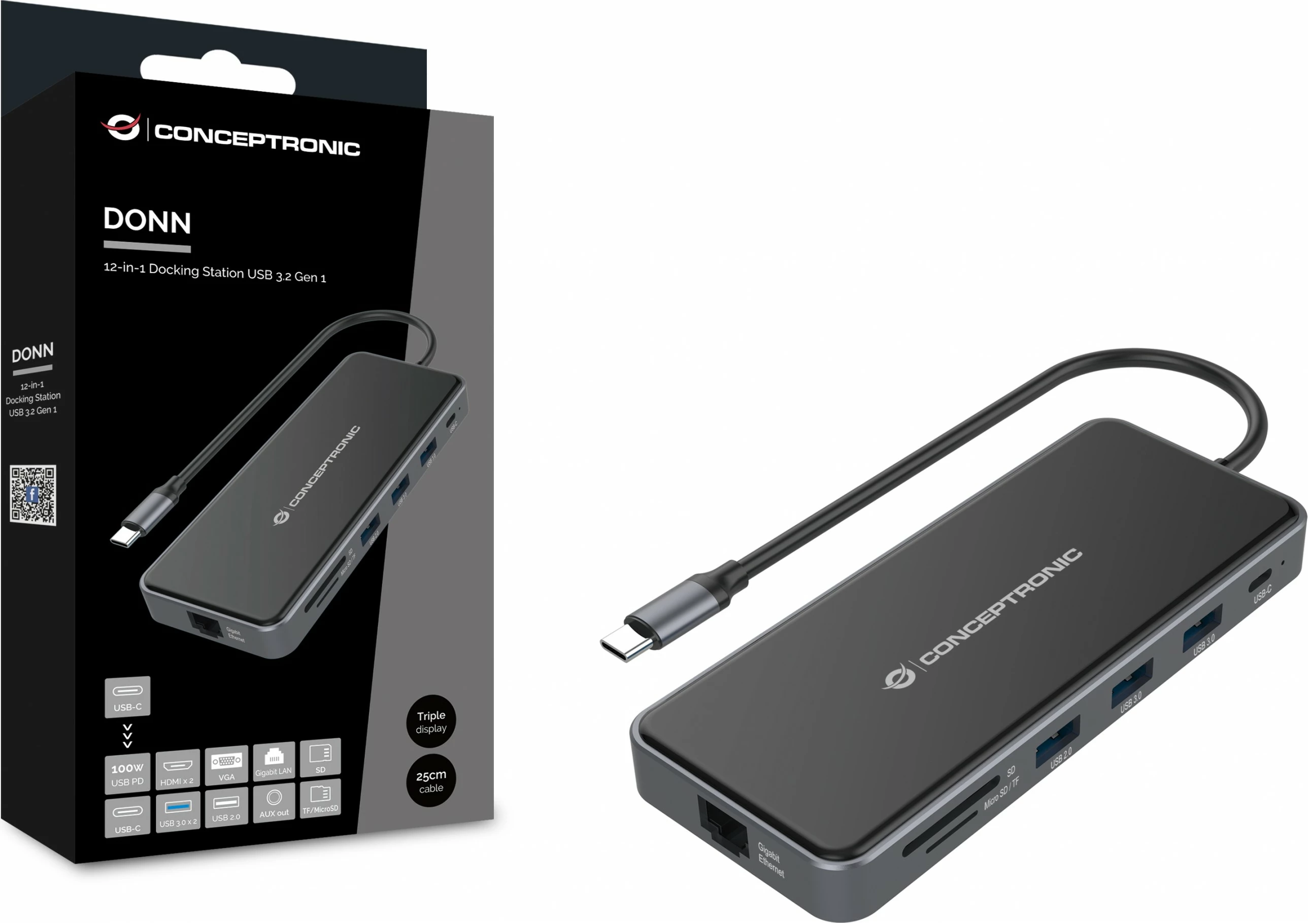 Docking station Conceptronic 12-1 USB-C, 2x HDMI, 3x USB-A, AUX, 25cm, gri