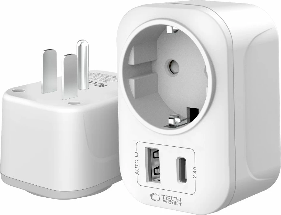 Adapter udhëtimi Tech-Protect TA100, EU në US, USB-A + USB-C, 2500W, 100-250V, i bardhë, 1 copë