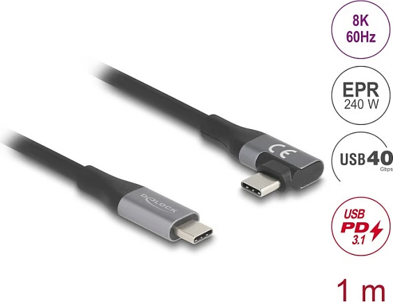 Kabllo USB-C DeLOCK 81131, Thunderbolt 4, 1 m, 40 Gbit/s, 240 W PD, e zezë